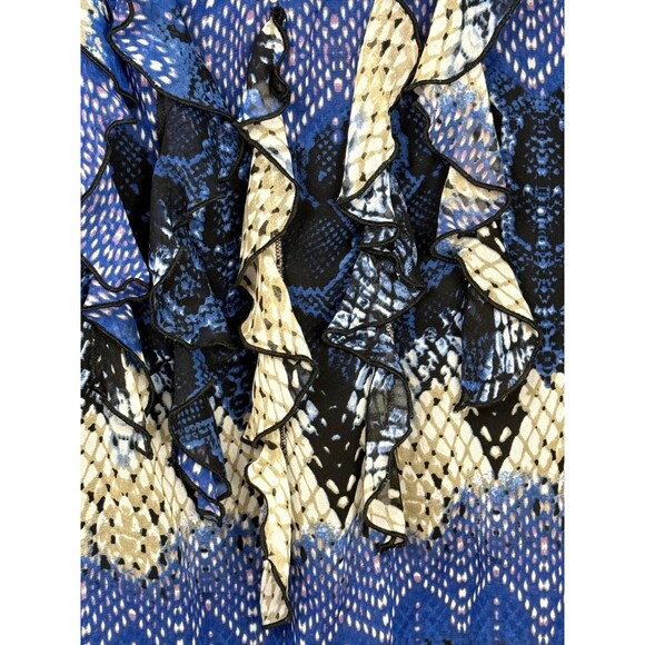 NY Collection XL Blue Geometric Ruffle Blouse V-Neck Flutter Sleeves Career Top - Picture 3 of 5